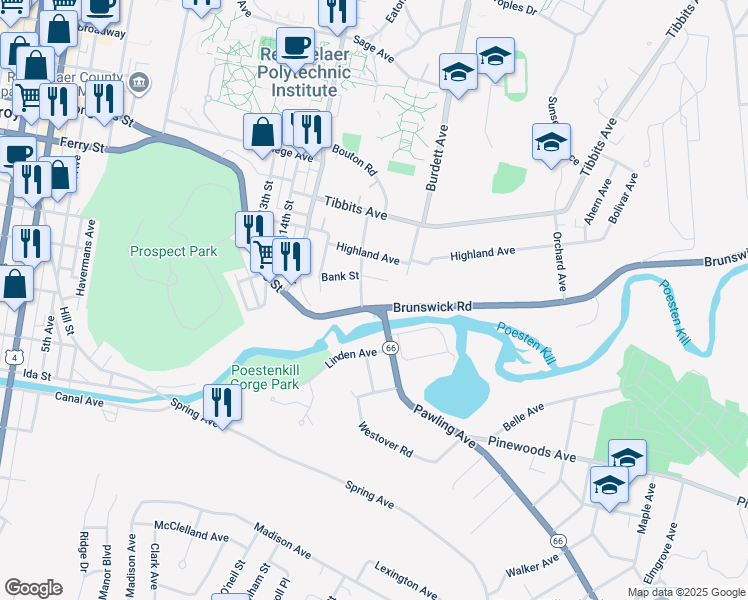map of restaurants, bars, coffee shops, grocery stores, and more near 52 Bank Street in Troy