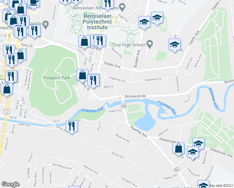 map of restaurants, bars, coffee shops, grocery stores, and more near 52 Bank Street in Troy