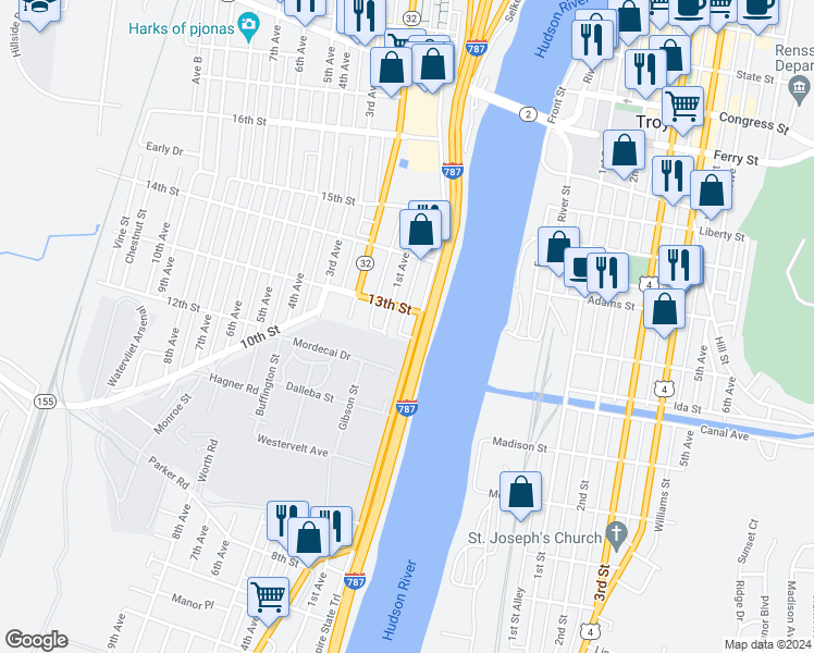 map of restaurants, bars, coffee shops, grocery stores, and more near in Watervliet