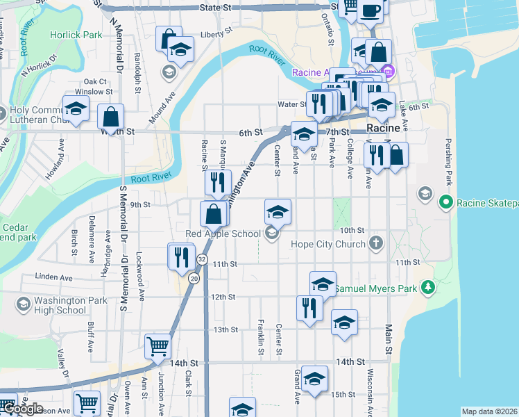 map of restaurants, bars, coffee shops, grocery stores, and more near 823 9th Street in Racine