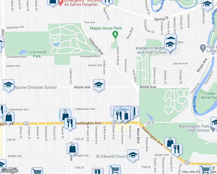 map of restaurants, bars, coffee shops, grocery stores, and more near 3400 Kinzie Avenue in Racine