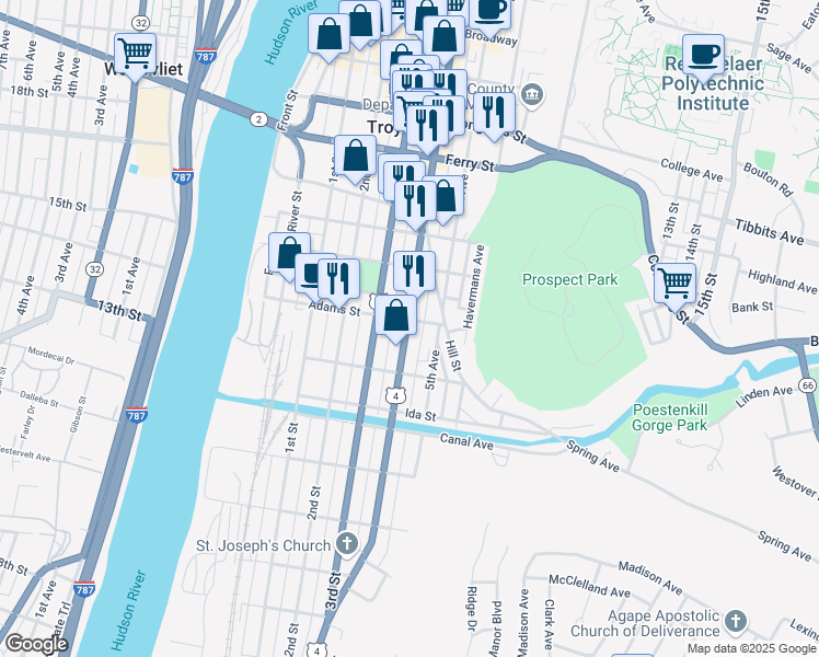 map of restaurants, bars, coffee shops, grocery stores, and more near 108 Adams Street in Troy