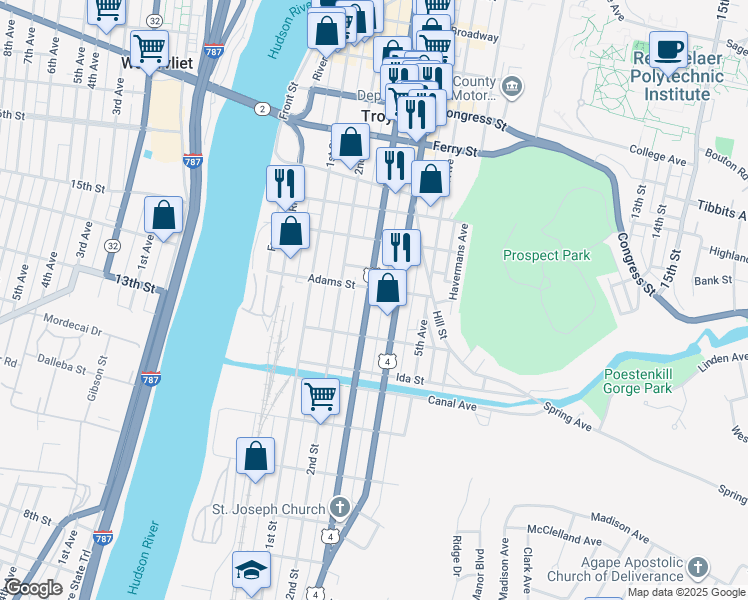 map of restaurants, bars, coffee shops, grocery stores, and more near in Troy