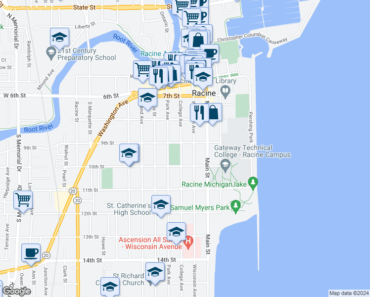 map of restaurants, bars, coffee shops, grocery stores, and more near 901 College Avenue in Racine