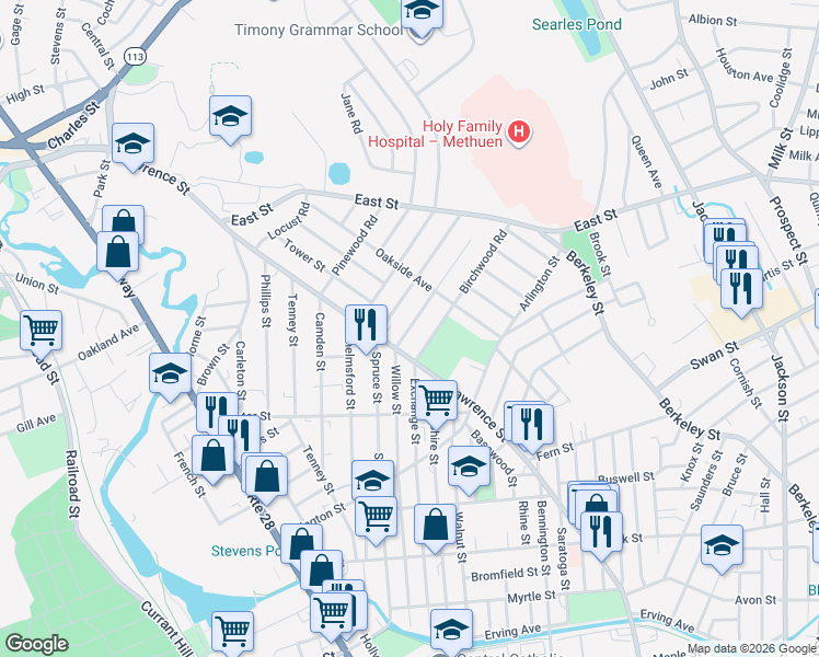 map of restaurants, bars, coffee shops, grocery stores, and more near 27 Elmwood Road in Methuen