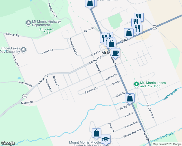 map of restaurants, bars, coffee shops, grocery stores, and more near 42 Murray Street in Mount Morris