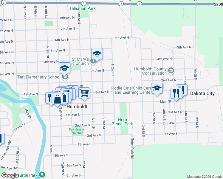 map of restaurants, bars, coffee shops, grocery stores, and more near 100-198 N 2nd St in Humboldt