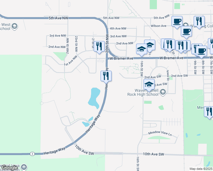 map of restaurants, bars, coffee shops, grocery stores, and more near 1901 Heritage Way in Waverly
