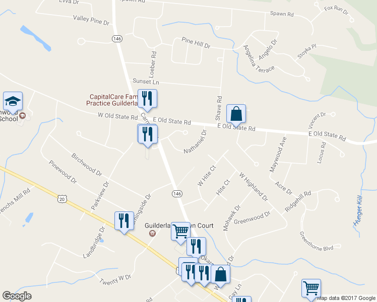 map of restaurants, bars, coffee shops, grocery stores, and more near 510 Nathaniel Drive in Schenectady