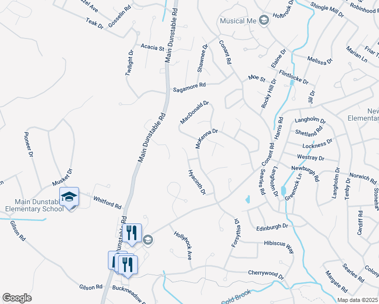 map of restaurants, bars, coffee shops, grocery stores, and more near 53 McKenna Drive in Nashua