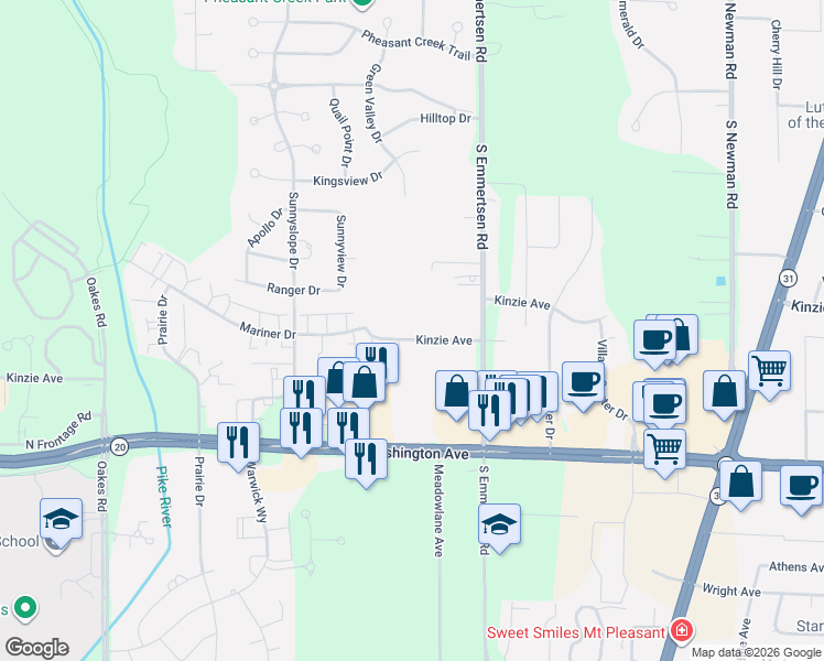 map of restaurants, bars, coffee shops, grocery stores, and more near 840 South Emmertsen Road in Mount Pleasant