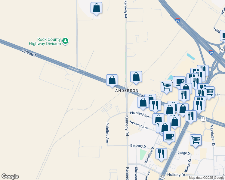 map of restaurants, bars, coffee shops, grocery stores, and more near 1328 U.S. 14 in Janesville