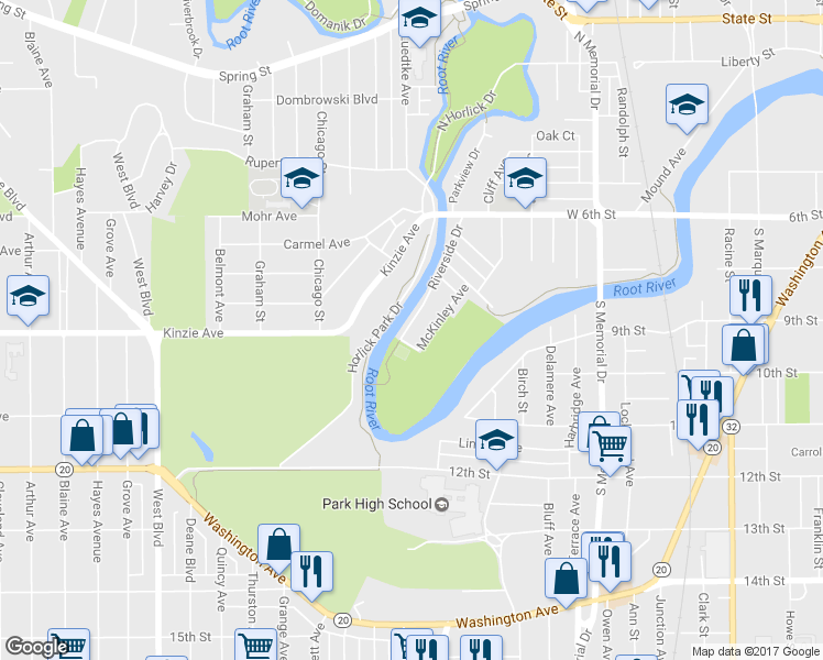 map of restaurants, bars, coffee shops, grocery stores, and more near 11 Riverside Drive in Racine