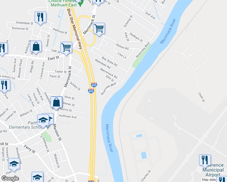 map of restaurants, bars, coffee shops, grocery stores, and more near 191 Merrimack Road in Methuen