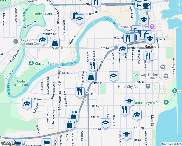 map of restaurants, bars, coffee shops, grocery stores, and more near 1029 9th Street in Racine