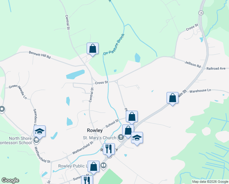 map of restaurants, bars, coffee shops, grocery stores, and more near 64 Pleasant Street in Rowley