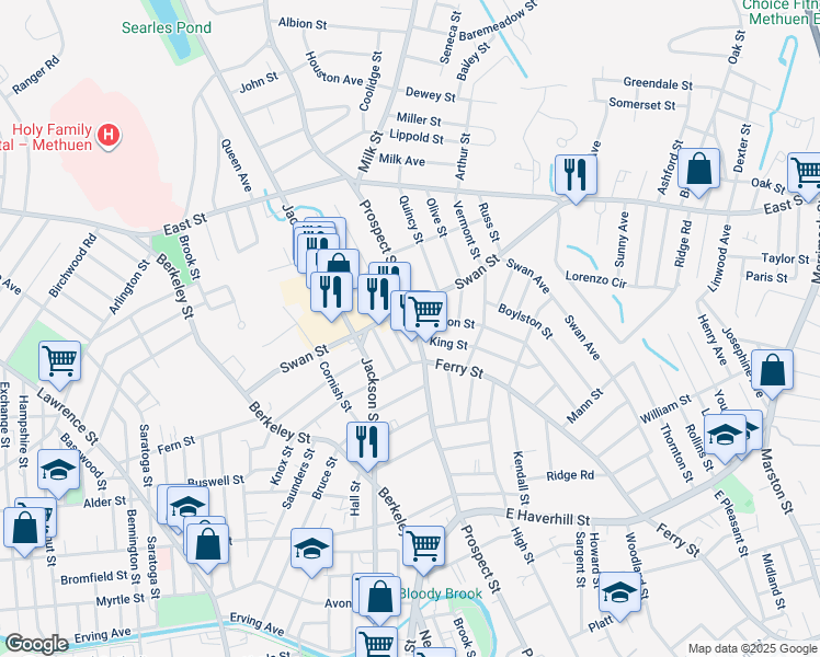 map of restaurants, bars, coffee shops, grocery stores, and more near 85 Swan Street in Methuen