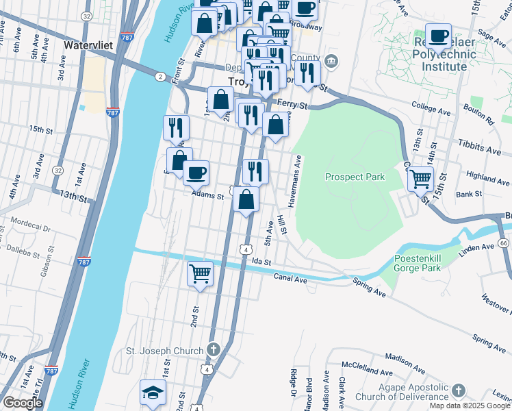 map of restaurants, bars, coffee shops, grocery stores, and more near 108 Adams Street in Troy