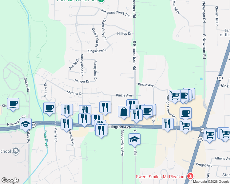 map of restaurants, bars, coffee shops, grocery stores, and more near 840 South Emmertsen Road in Mount Pleasant