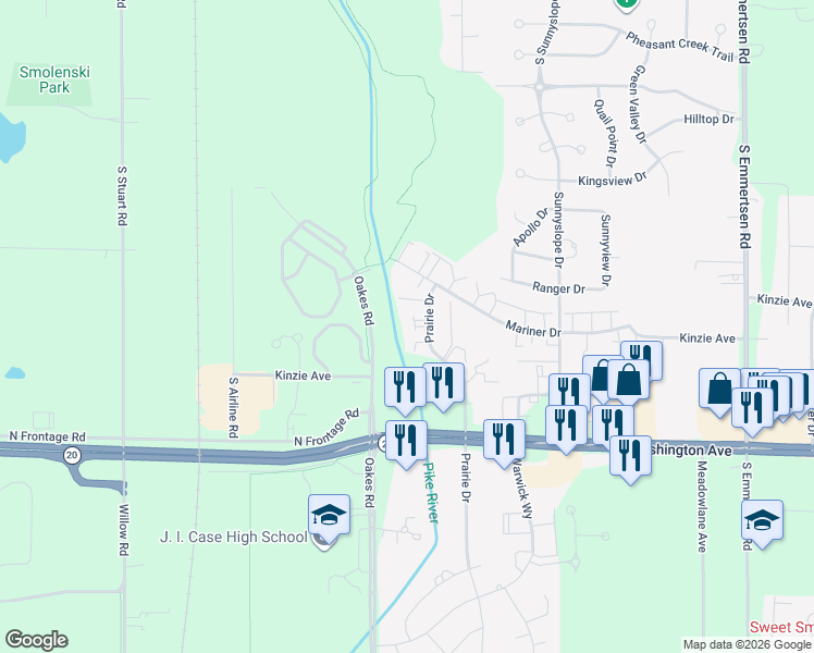 map of restaurants, bars, coffee shops, grocery stores, and more near 1020 Prairie Drive in Mount Pleasant