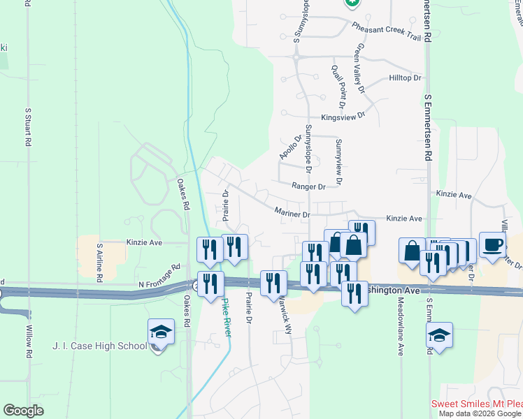 map of restaurants, bars, coffee shops, grocery stores, and more near 6929 Mariner Drive in Racine