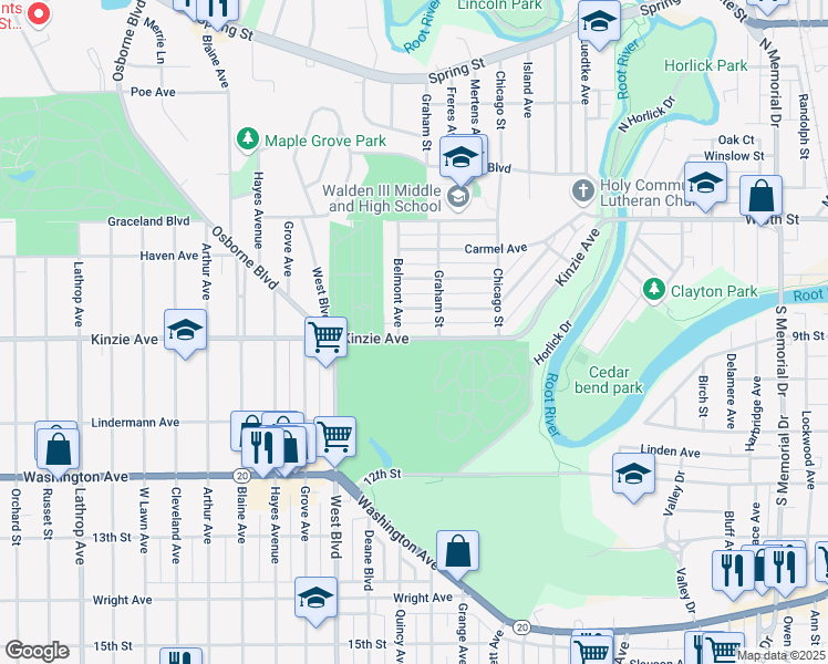map of restaurants, bars, coffee shops, grocery stores, and more near 2420 Kinzie Avenue in Racine