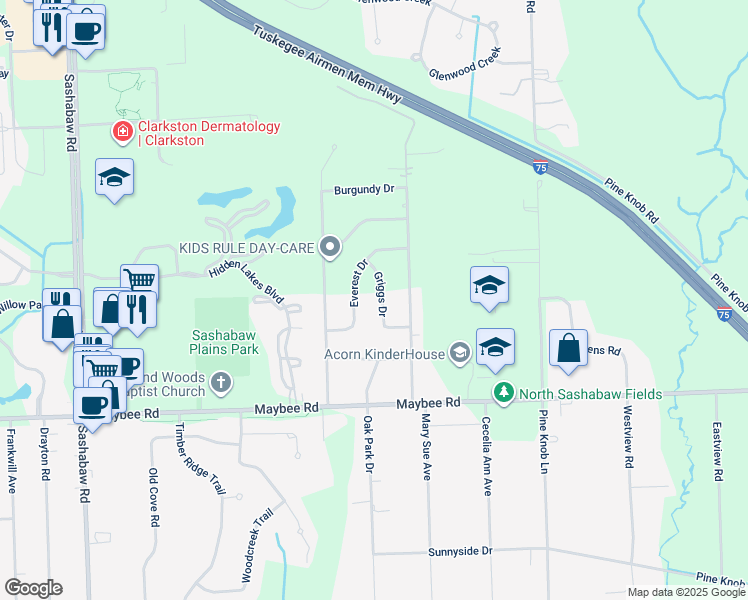 map of restaurants, bars, coffee shops, grocery stores, and more near 5719 Griggs Drive in Clarkston