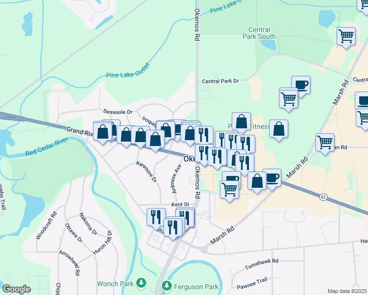map of restaurants, bars, coffee shops, grocery stores, and more near 2128 West Grand River Avenue in Meridian charter Township