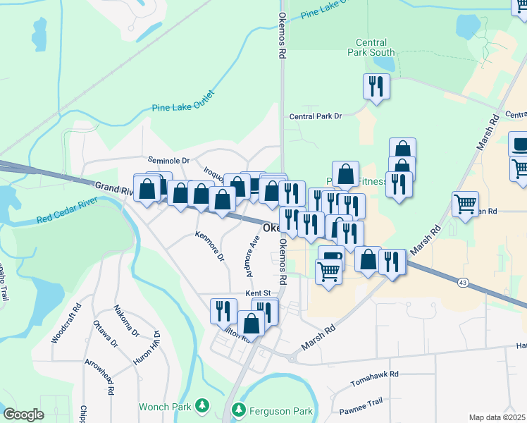 map of restaurants, bars, coffee shops, grocery stores, and more near 2128 West Grand River Avenue in Meridian charter Township