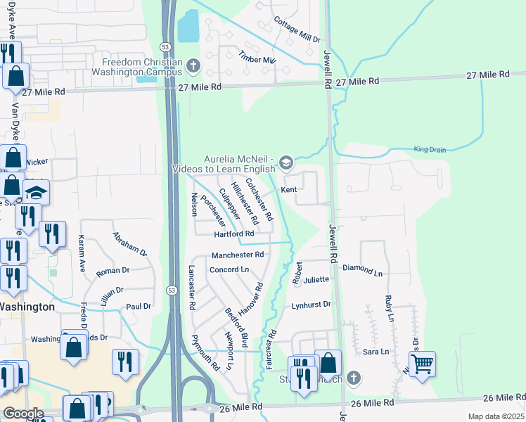 map of restaurants, bars, coffee shops, grocery stores, and more near 58162 Colchester Road in Washington