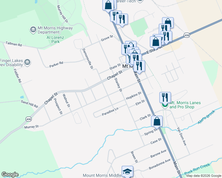 map of restaurants, bars, coffee shops, grocery stores, and more near 42 Murray Street in Mount Morris