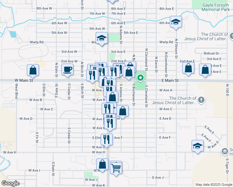 map of restaurants, bars, coffee shops, grocery stores, and more near 147 East Avenue A in Jerome