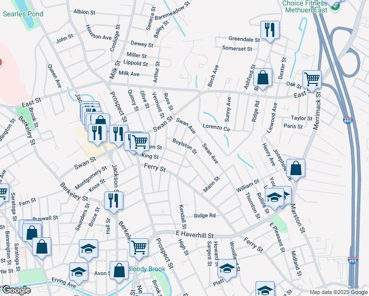 map of restaurants, bars, coffee shops, grocery stores, and more near 24 Boylston Street in Methuen