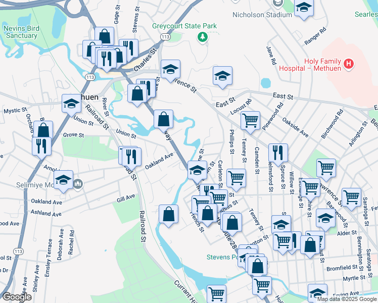 map of restaurants, bars, coffee shops, grocery stores, and more near 191 Broadway in Methuen