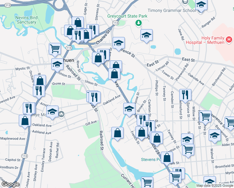 map of restaurants, bars, coffee shops, grocery stores, and more near 46 Union Street in Methuen