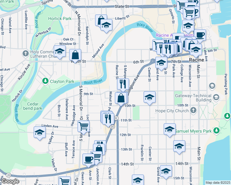 map of restaurants, bars, coffee shops, grocery stores, and more near 1029 9th Street in Racine