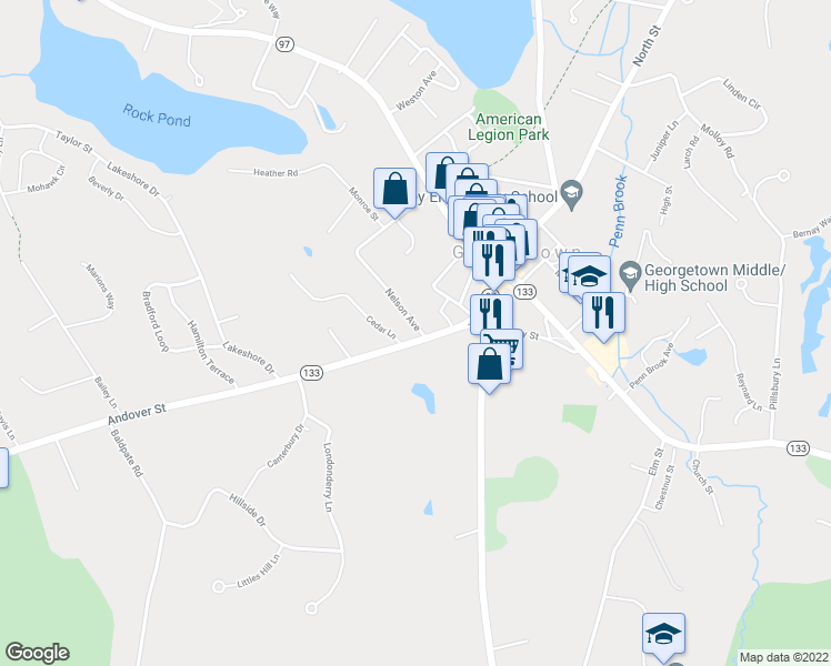 map of restaurants, bars, coffee shops, grocery stores, and more near 27 Andover Street in Georgetown