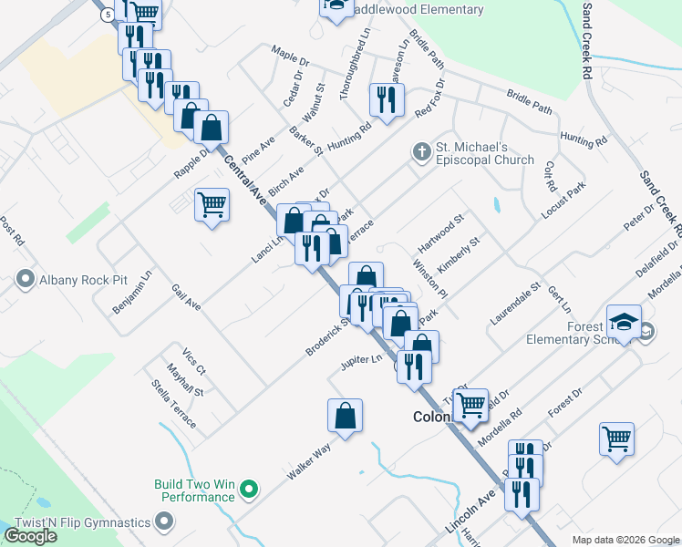 map of restaurants, bars, coffee shops, grocery stores, and more near 1673 Central Avenue in Albany