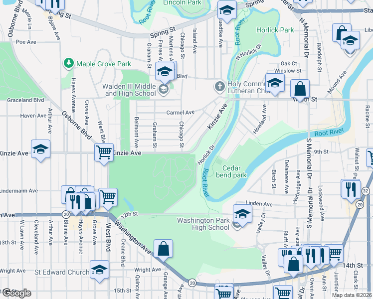 map of restaurants, bars, coffee shops, grocery stores, and more near 912 Chicago Street in Racine