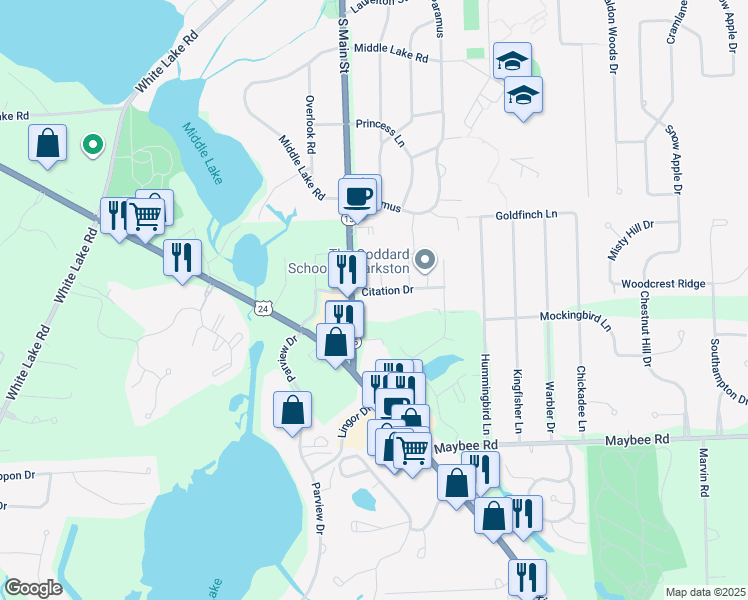 map of restaurants, bars, coffee shops, grocery stores, and more near 5800 S Main St in Clarkston