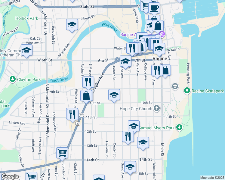 map of restaurants, bars, coffee shops, grocery stores, and more near 900 Center Street in Racine