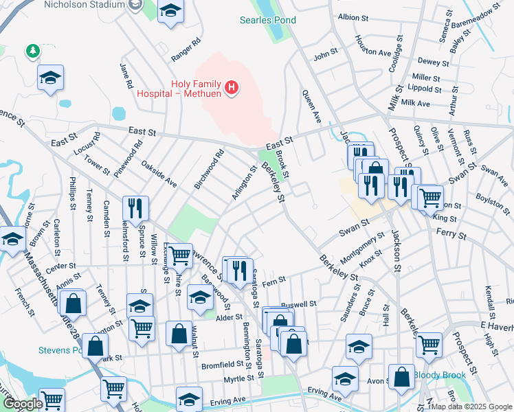 map of restaurants, bars, coffee shops, grocery stores, and more near 17 Sunset Avenue in Methuen