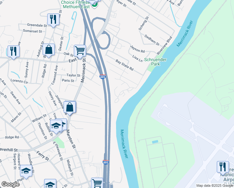 map of restaurants, bars, coffee shops, grocery stores, and more near 1 Riverview Boulevard in Methuen