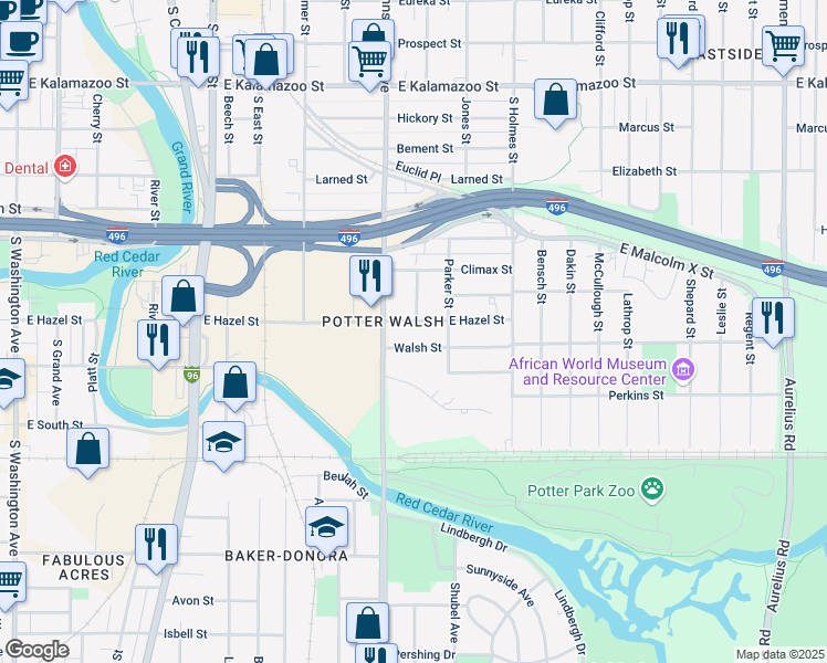 map of restaurants, bars, coffee shops, grocery stores, and more near 1022 E Hazel St in Lansing