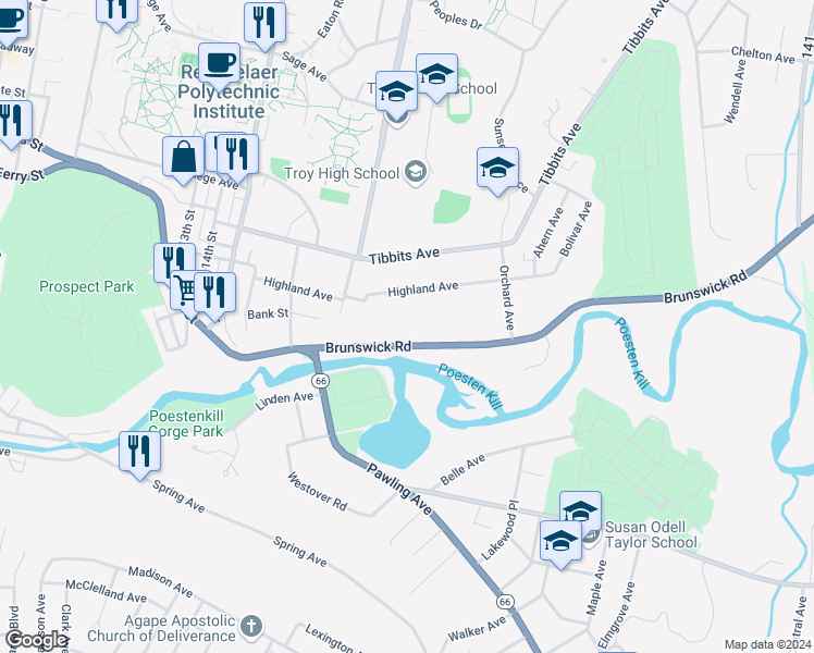 map of restaurants, bars, coffee shops, grocery stores, and more near 39 Brunswick Road in Troy