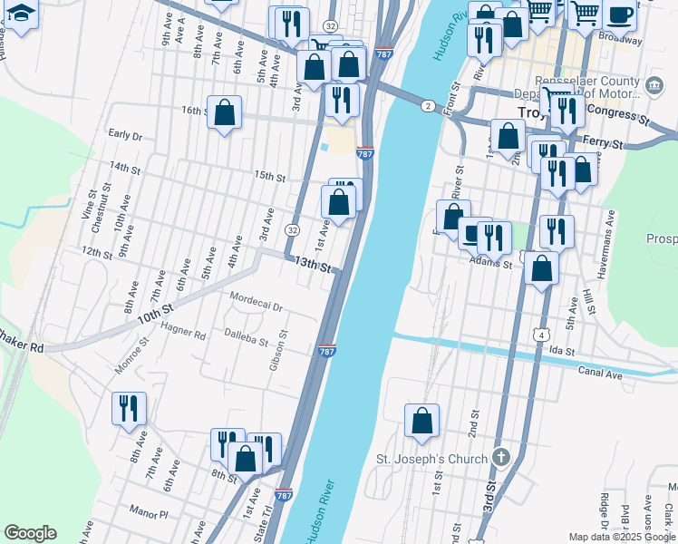 map of restaurants, bars, coffee shops, grocery stores, and more near Broadway & 13th Street in Watervliet