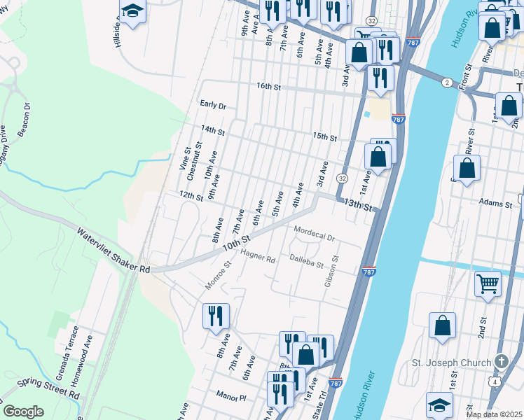 map of restaurants, bars, coffee shops, grocery stores, and more near 1204 6th Avenue in Watervliet