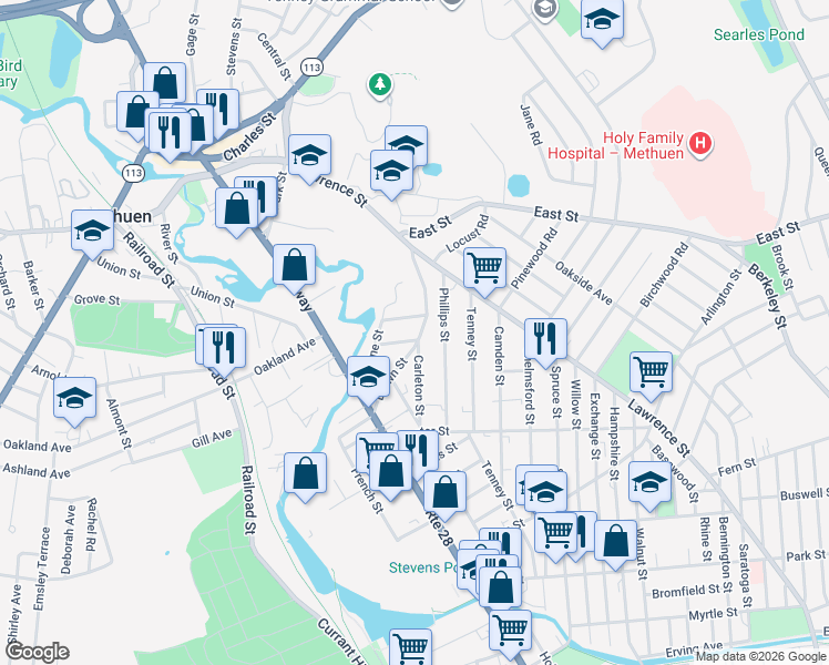 map of restaurants, bars, coffee shops, grocery stores, and more near 50 Brown Street in Methuen