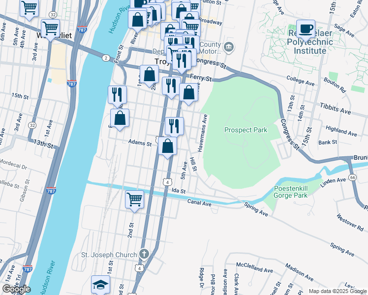 map of restaurants, bars, coffee shops, grocery stores, and more near 108 Adams Street in Troy