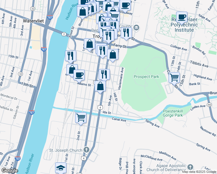 map of restaurants, bars, coffee shops, grocery stores, and more near 108 Adams Street in Troy